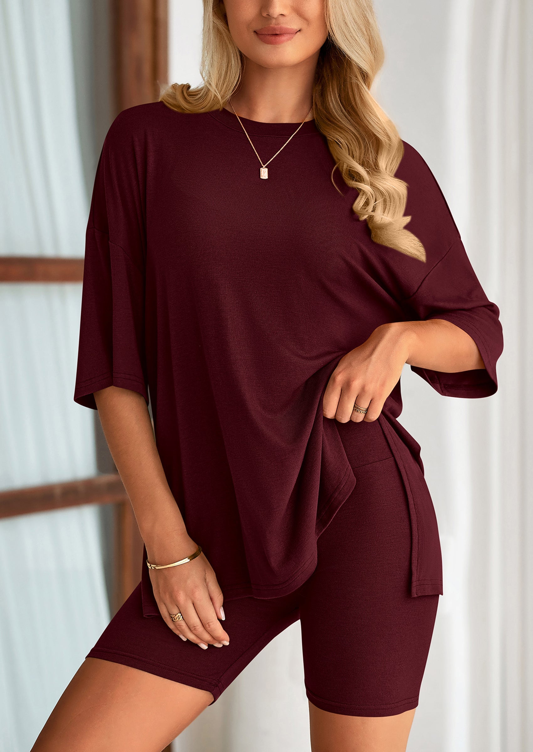 Casual Short Sleeved Round Neck Top Paired With Shorts Two Piece Set