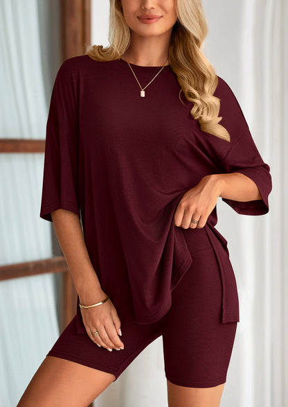 Casual Short Sleeved Round Neck Top Paired With Shorts Two Piece Set
