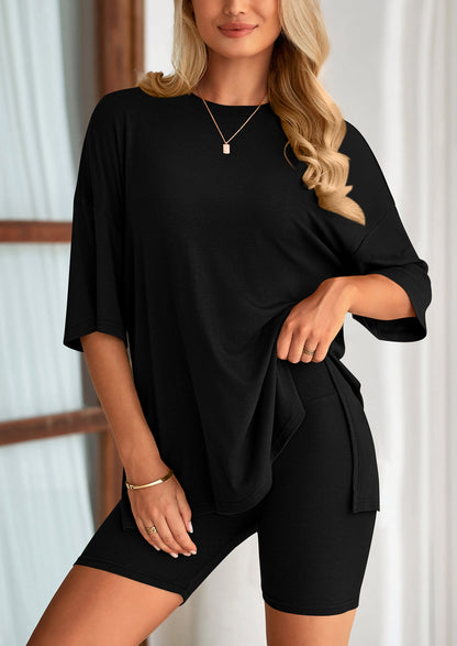 Casual Short Sleeved Round Neck Top Paired With Shorts Two Piece Set