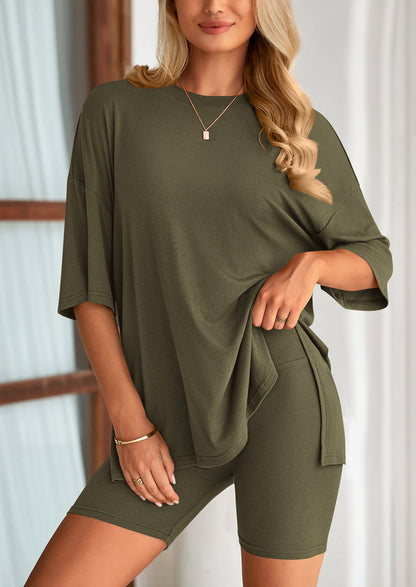 Casual Short Sleeved Round Neck Top Paired With Shorts Two Piece Set