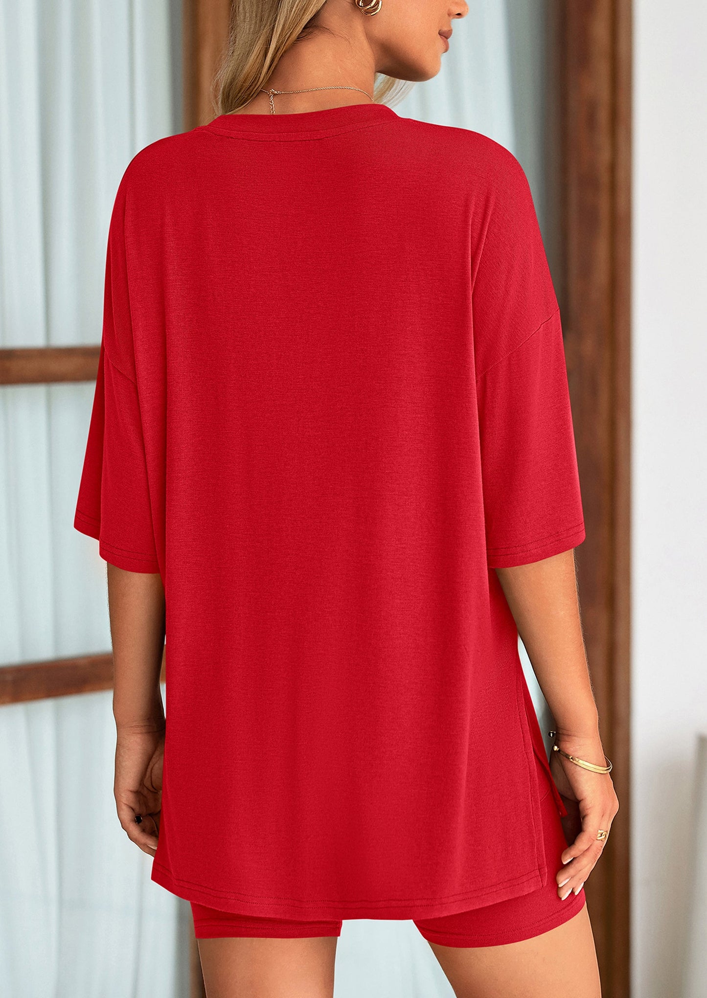 Casual Short Sleeved Round Neck Top Paired With Shorts Two Piece Set