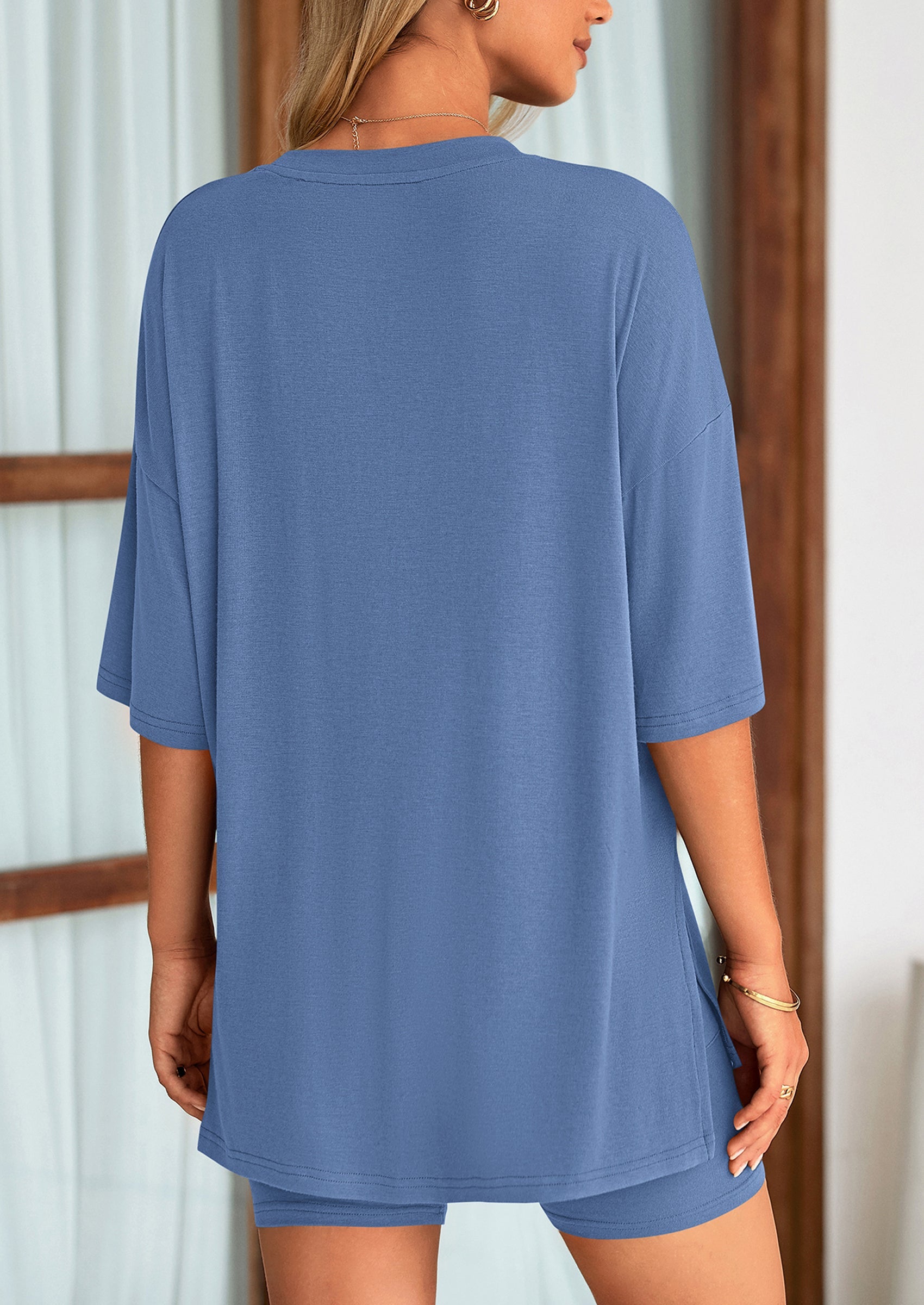 Casual Short Sleeved Round Neck Top Paired With Shorts Two Piece Set