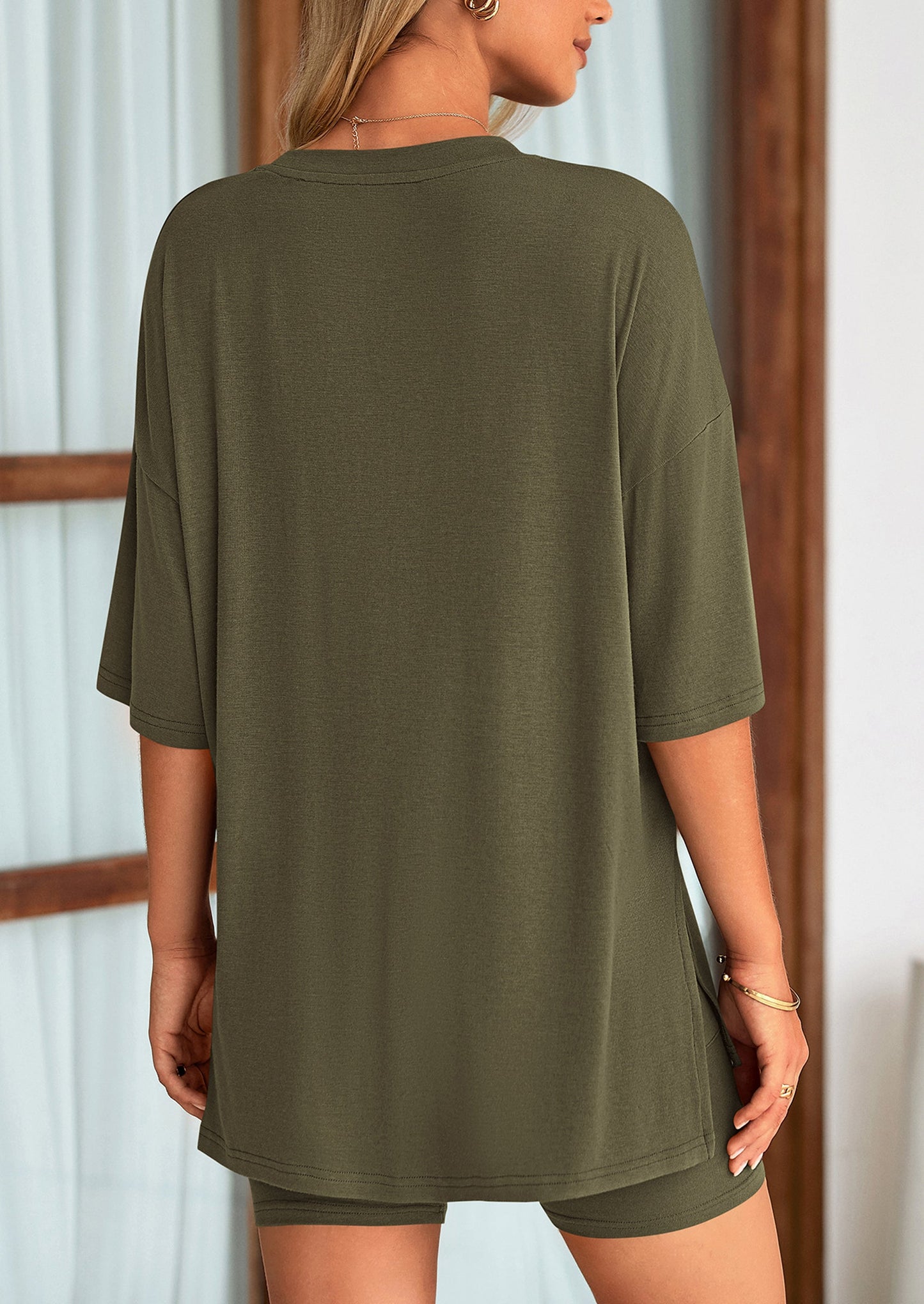 Casual Short Sleeved Round Neck Top Paired With Shorts Two Piece Set