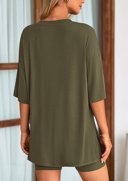 Casual Short Sleeved Round Neck Top Paired With Shorts Two Piece Set
