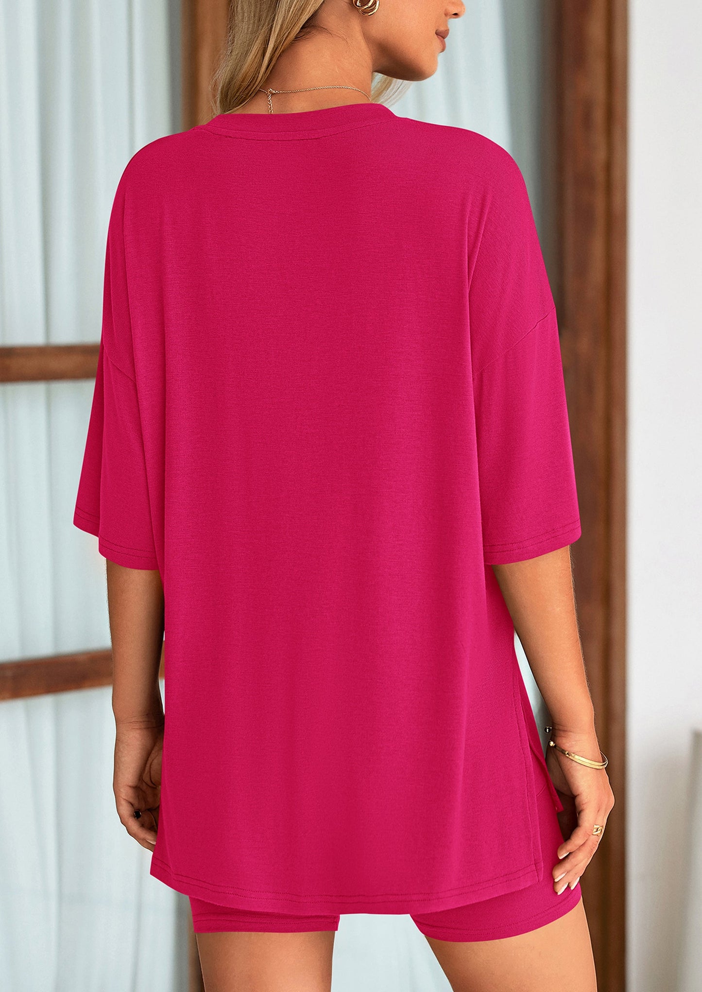Casual Short Sleeved Round Neck Top Paired With Shorts Two Piece Set