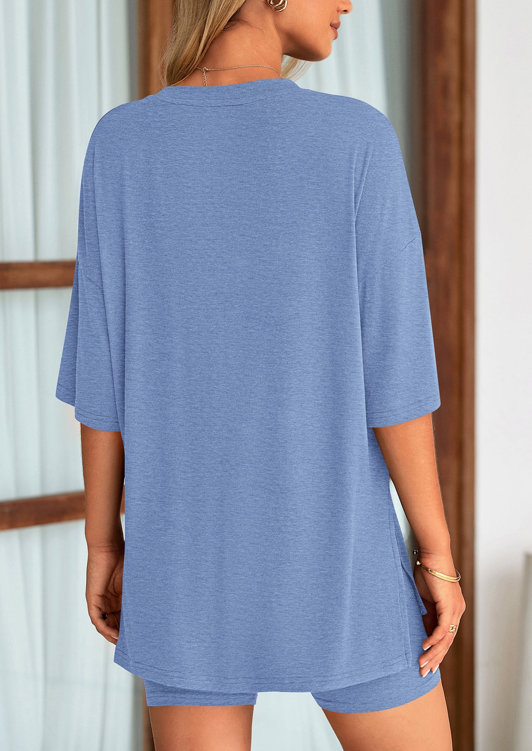 Casual Short Sleeved Round Neck Top Paired With Shorts Two Piece Set