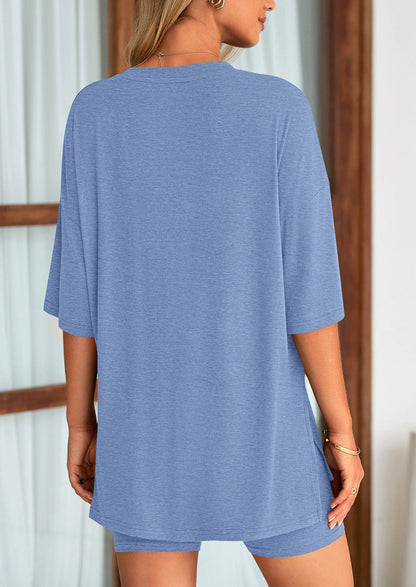 Casual Short Sleeved Round Neck Top Paired With Shorts Two Piece Set