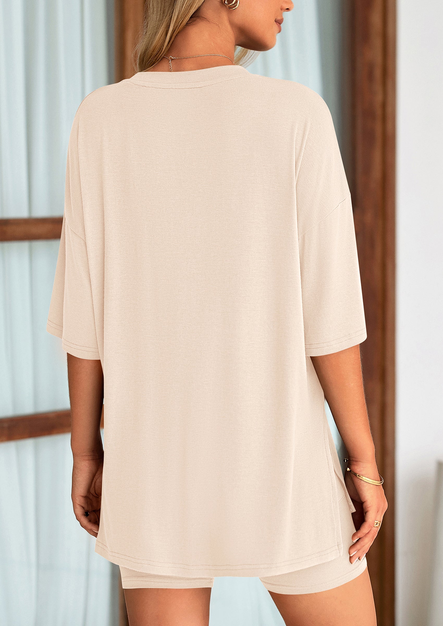 Casual Short Sleeved Round Neck Top Paired With Shorts Two Piece Set