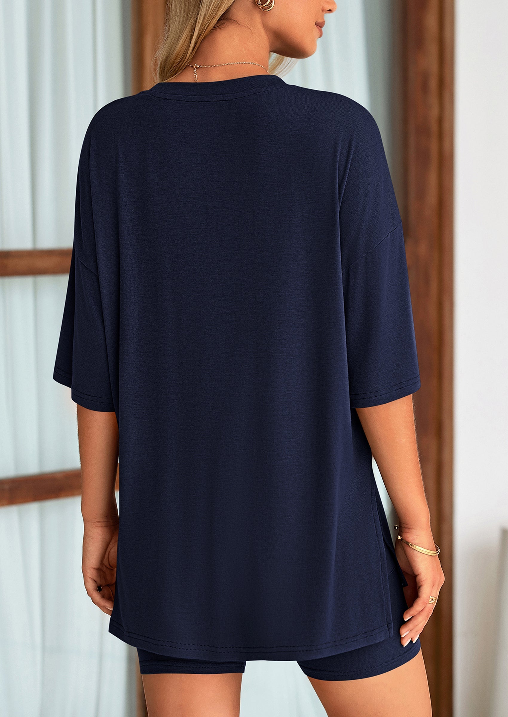 Casual Short Sleeved Round Neck Top Paired With Shorts Two Piece Set