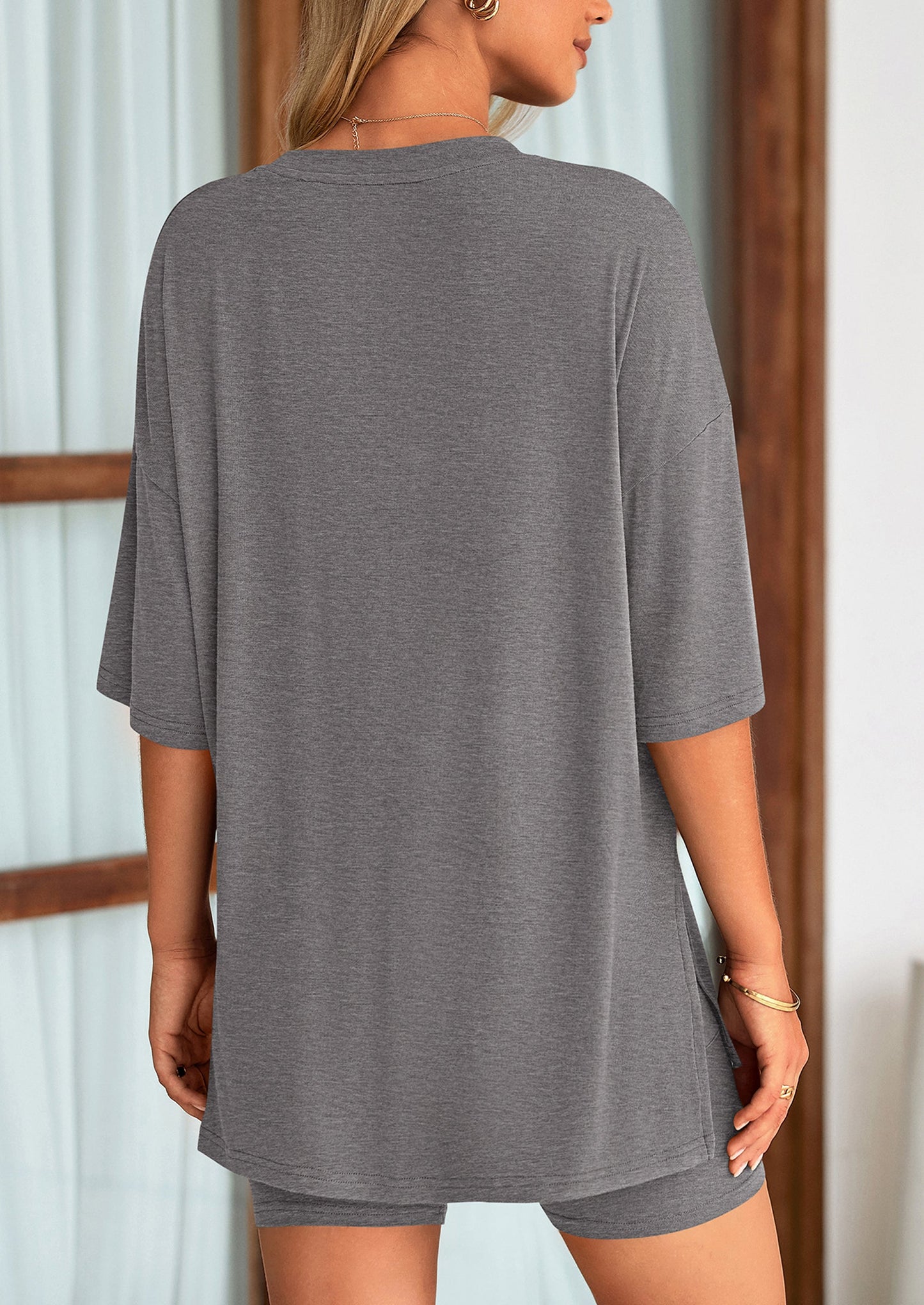 Casual Short Sleeved Round Neck Top Paired With Shorts Two Piece Set
