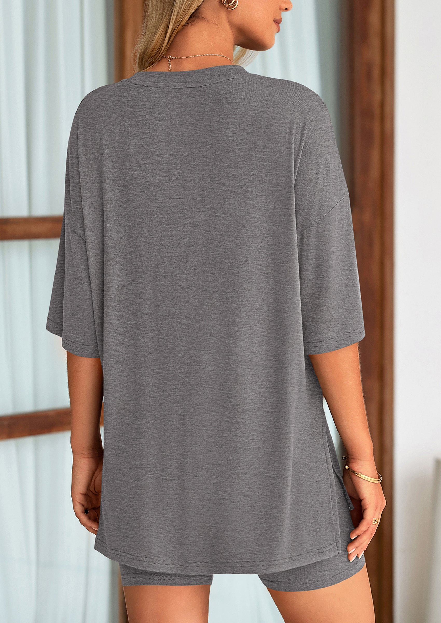 Casual Short Sleeved Round Neck Top Paired With Shorts Two Piece Set