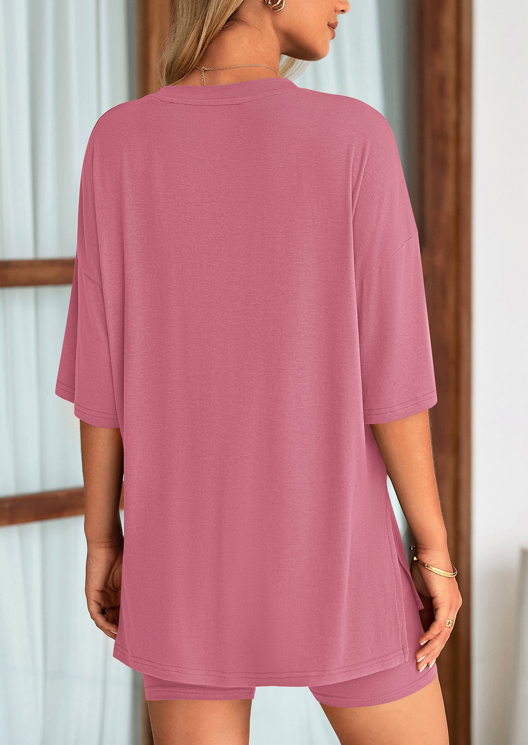 Casual Short Sleeved Round Neck Top Paired With Shorts Two Piece Set