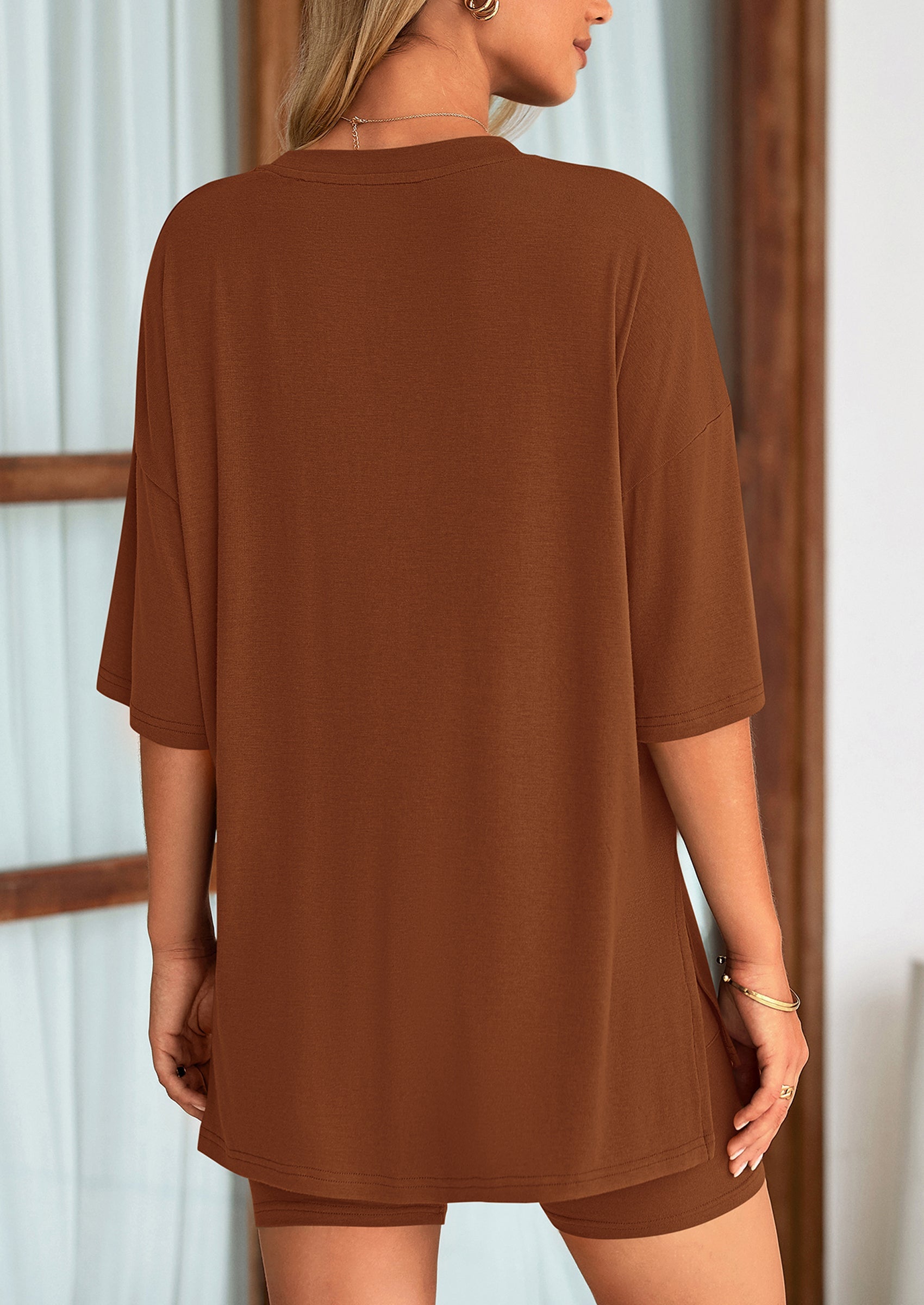 Casual Short Sleeved Round Neck Top Paired With Shorts Two Piece Set