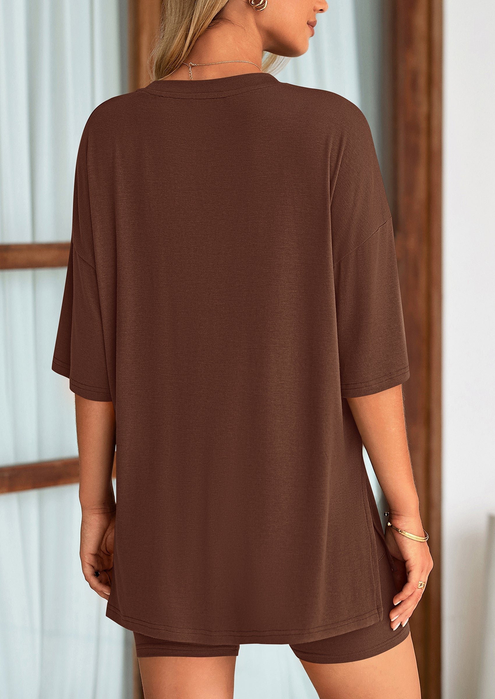 Casual Short Sleeved Round Neck Top Paired With Shorts Two Piece Set