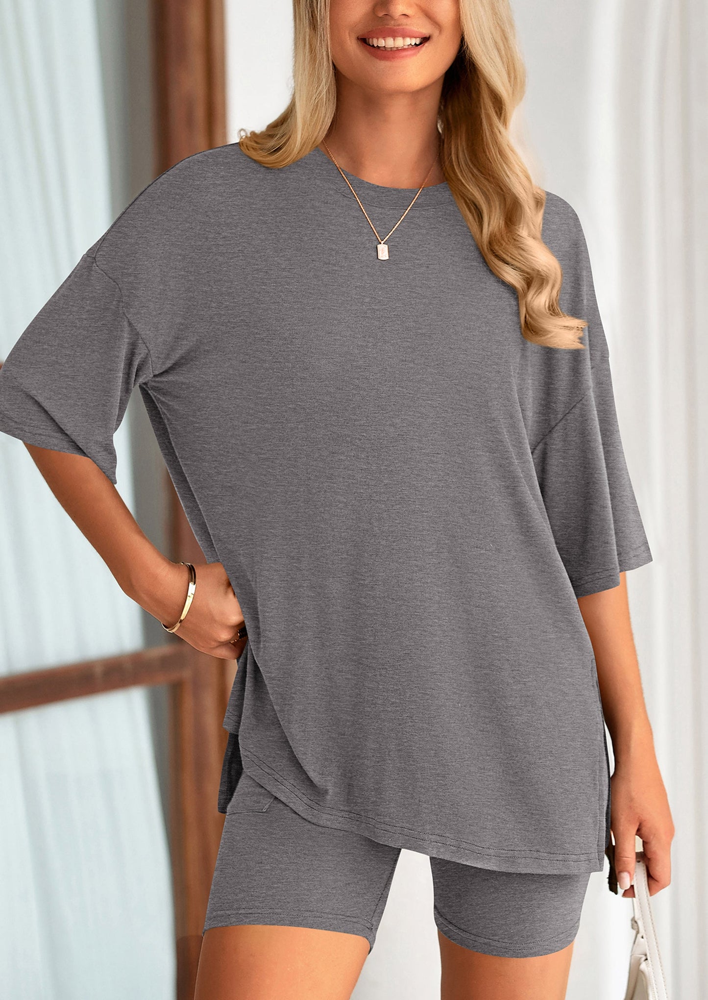 Casual Short Sleeved Round Neck Top Paired With Shorts Two Piece Set