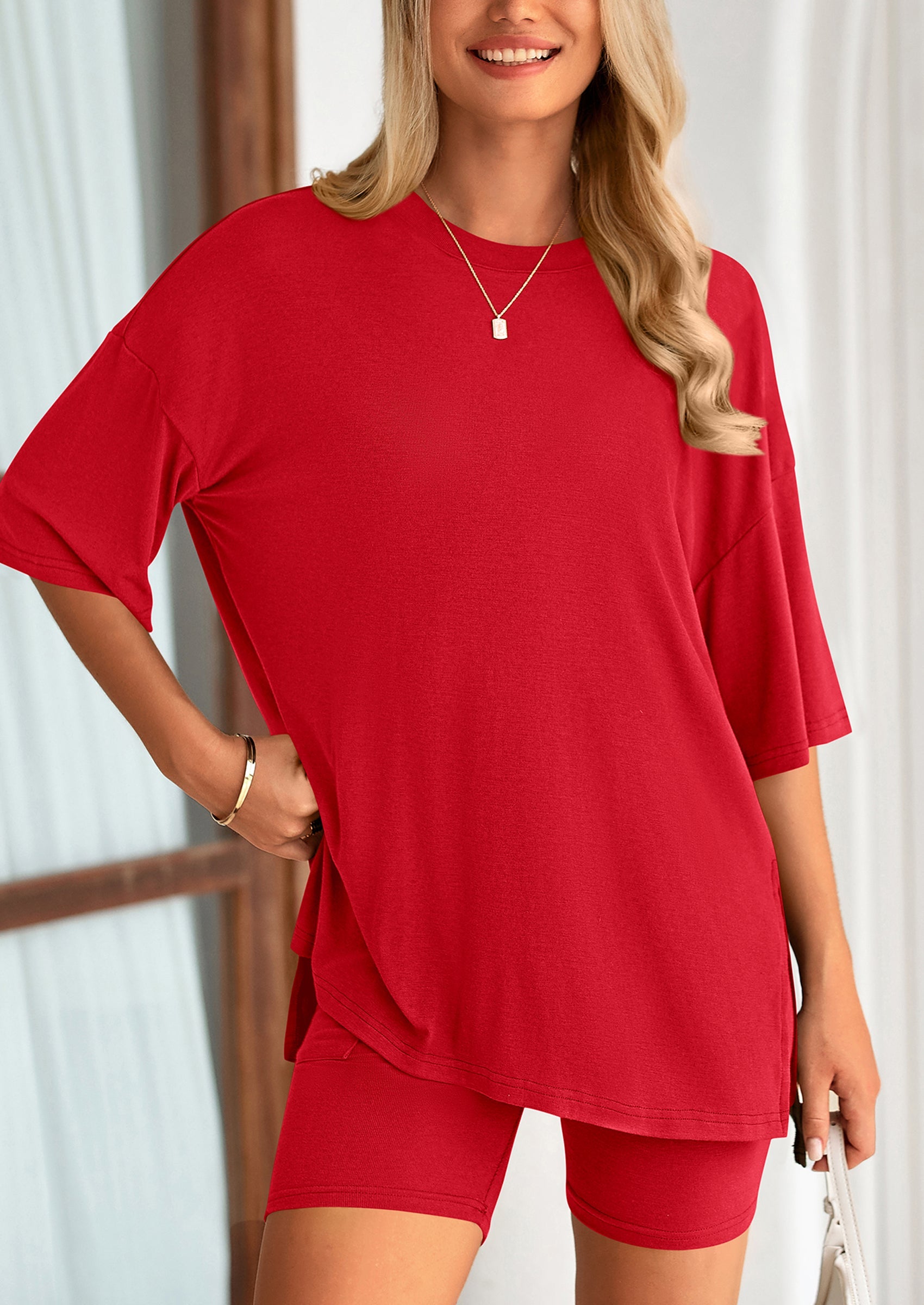 Casual Short Sleeved Round Neck Top Paired With Shorts Two Piece Set
