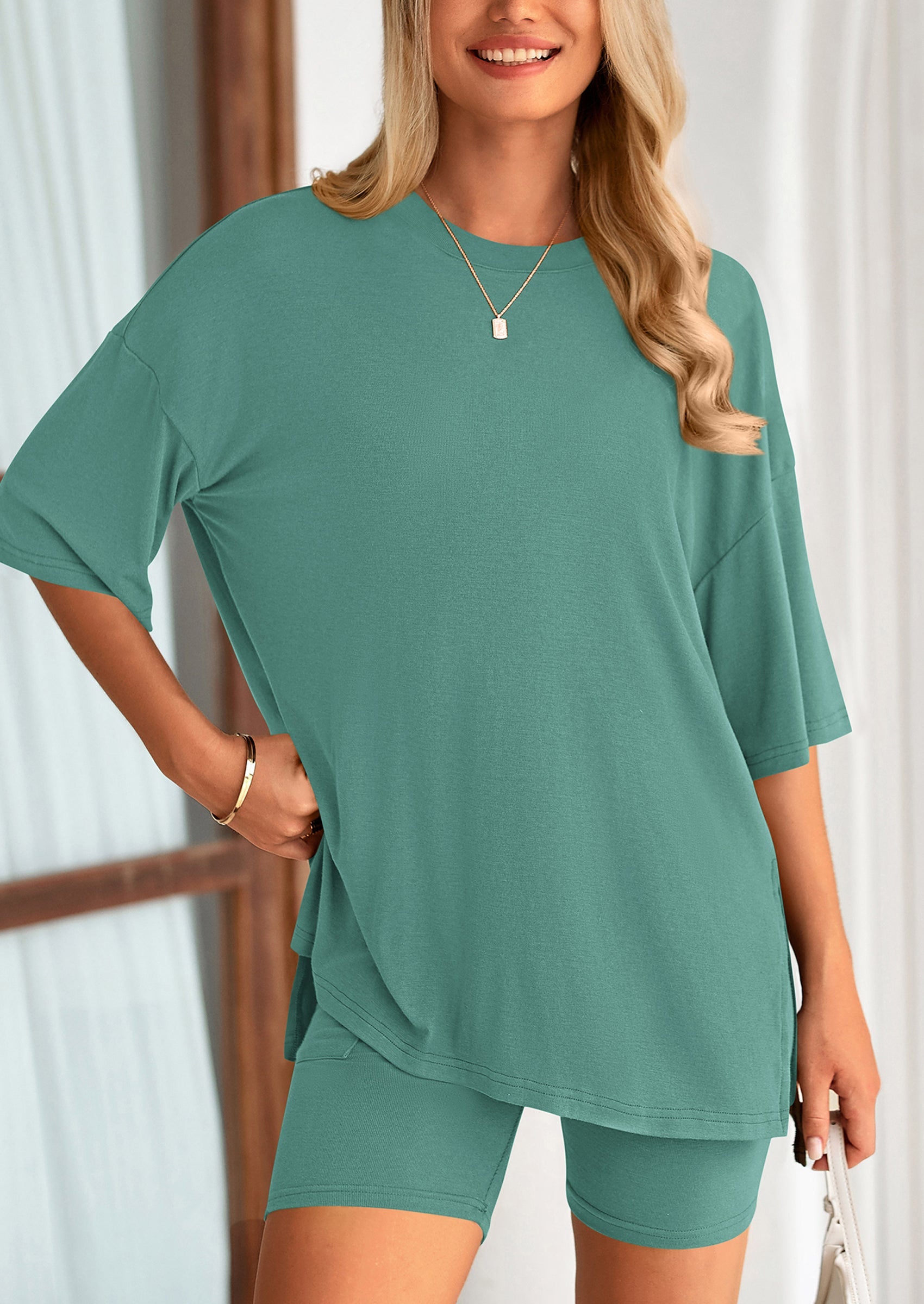 Casual Short Sleeved Round Neck Top Paired With Shorts Two Piece Set