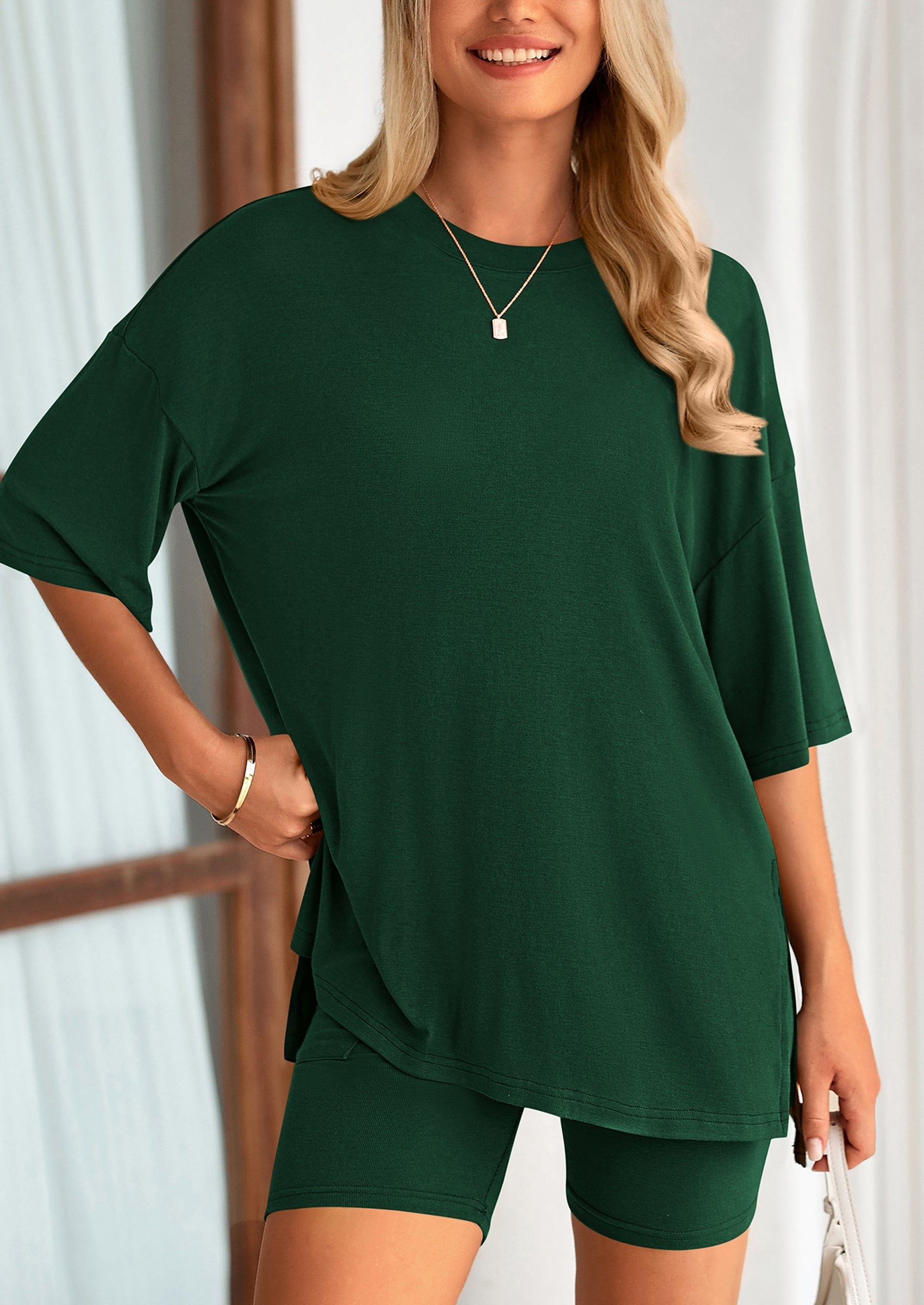 Casual Short Sleeved Round Neck Top Paired With Shorts Two Piece Set
