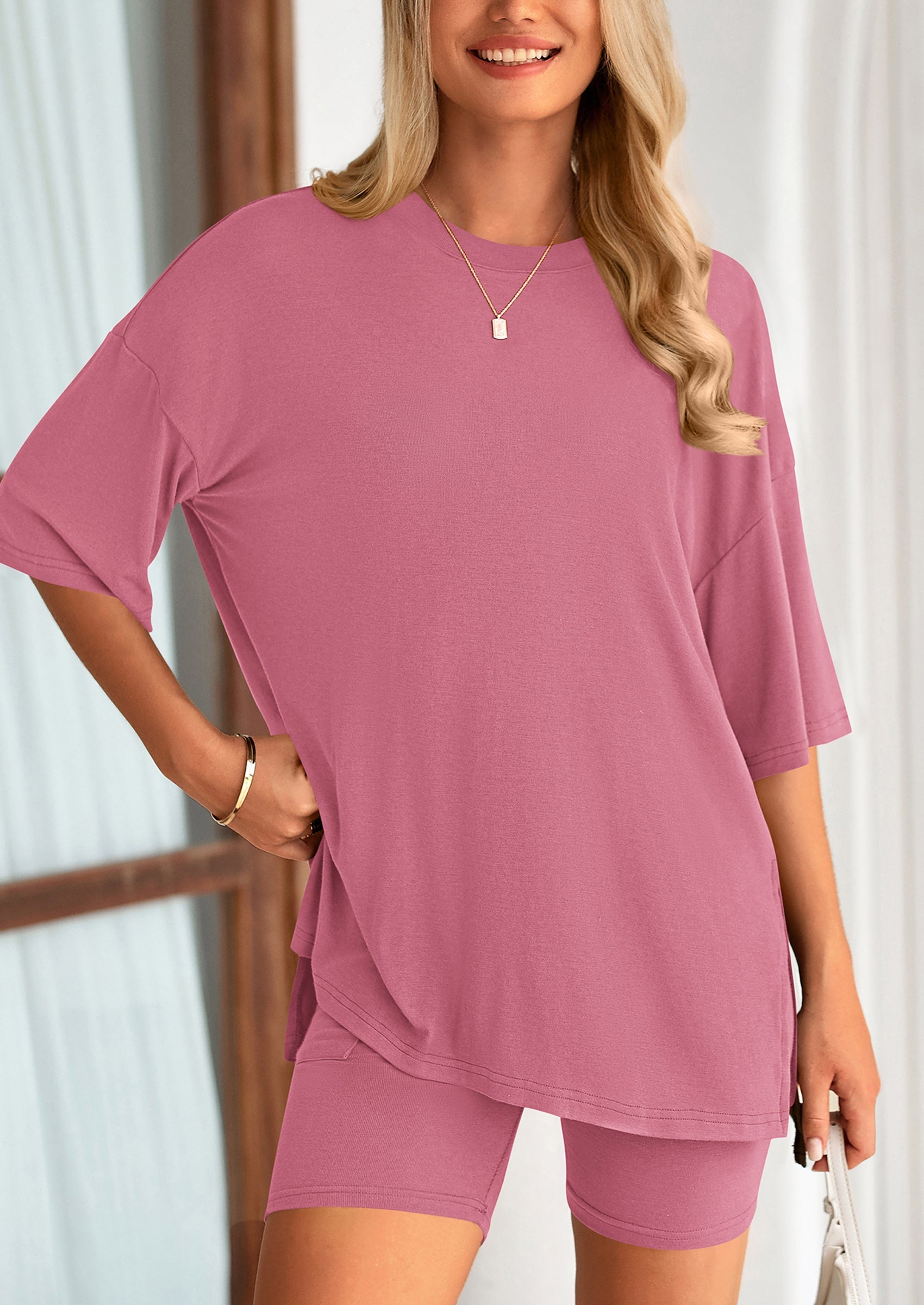 Casual Short Sleeved Round Neck Top Paired With Shorts Two Piece Set