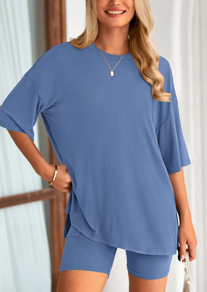 Casual Short Sleeved Round Neck Top Paired With Shorts Two Piece Set