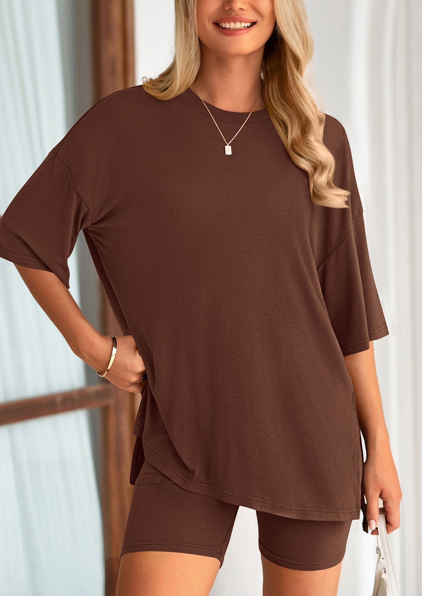 Casual Short Sleeved Round Neck Top Paired With Shorts Two Piece Set
