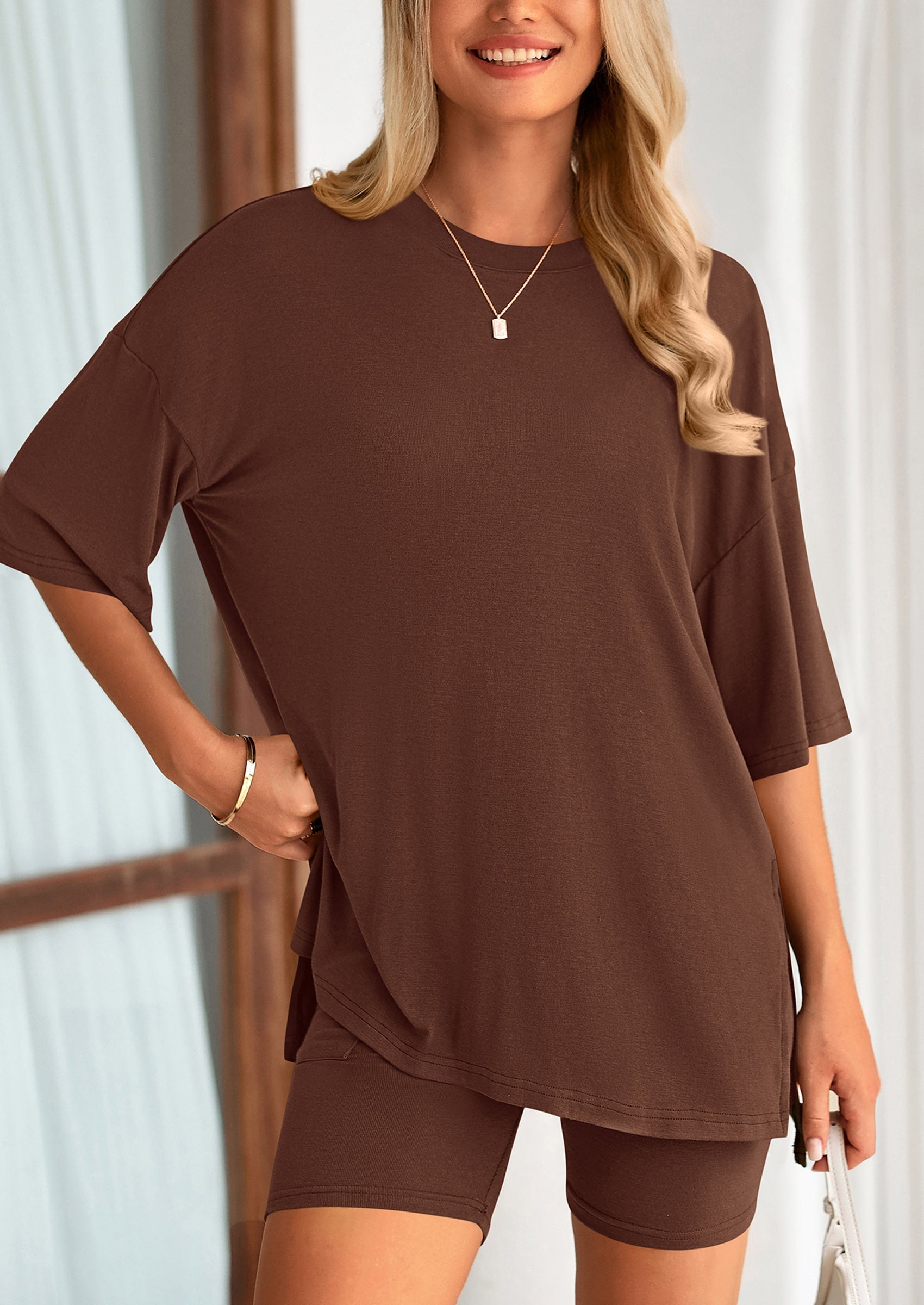 Casual Short Sleeved Round Neck Top Paired With Shorts Two Piece Set
