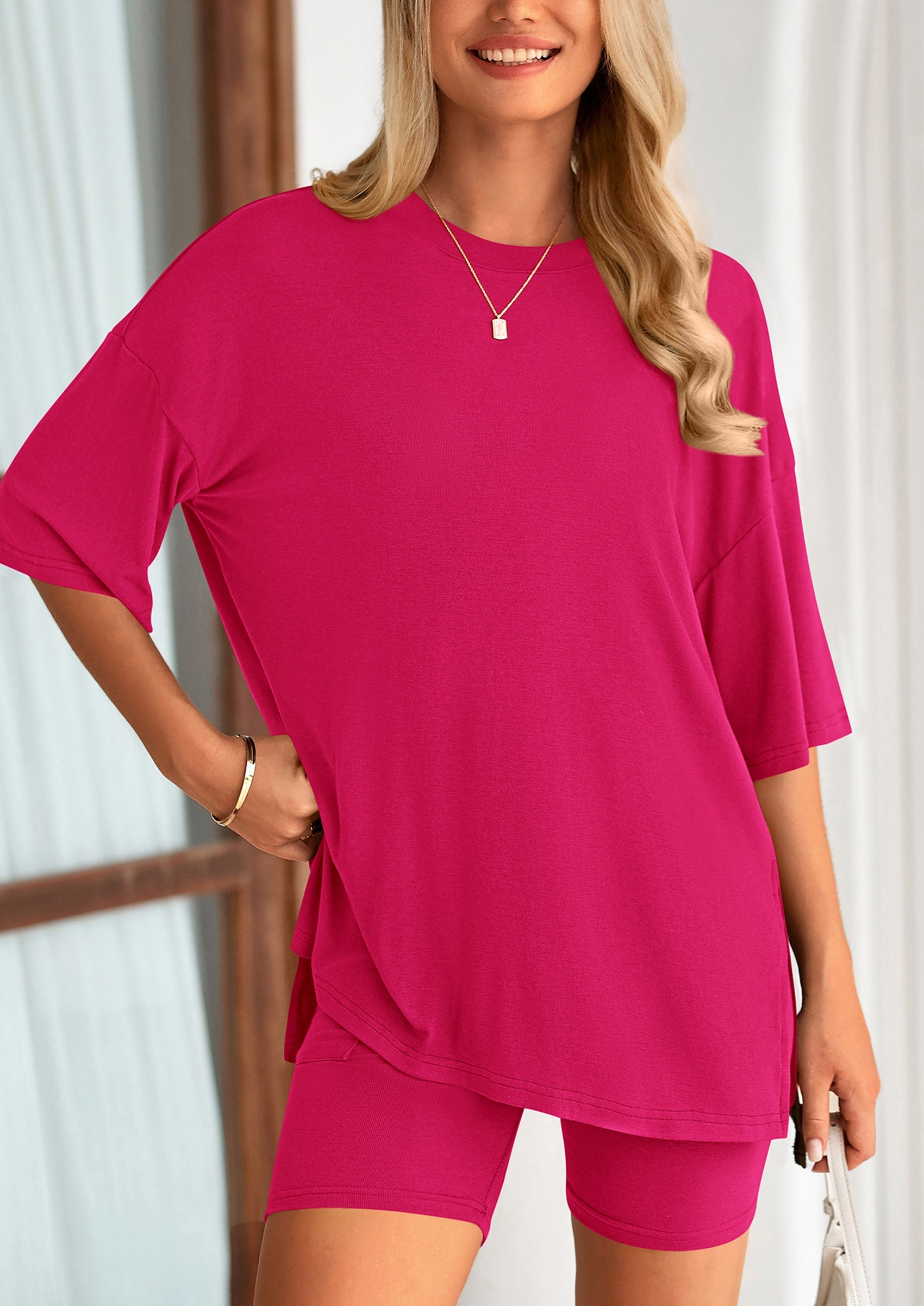 Casual Short Sleeved Round Neck Top Paired With Shorts Two Piece Set