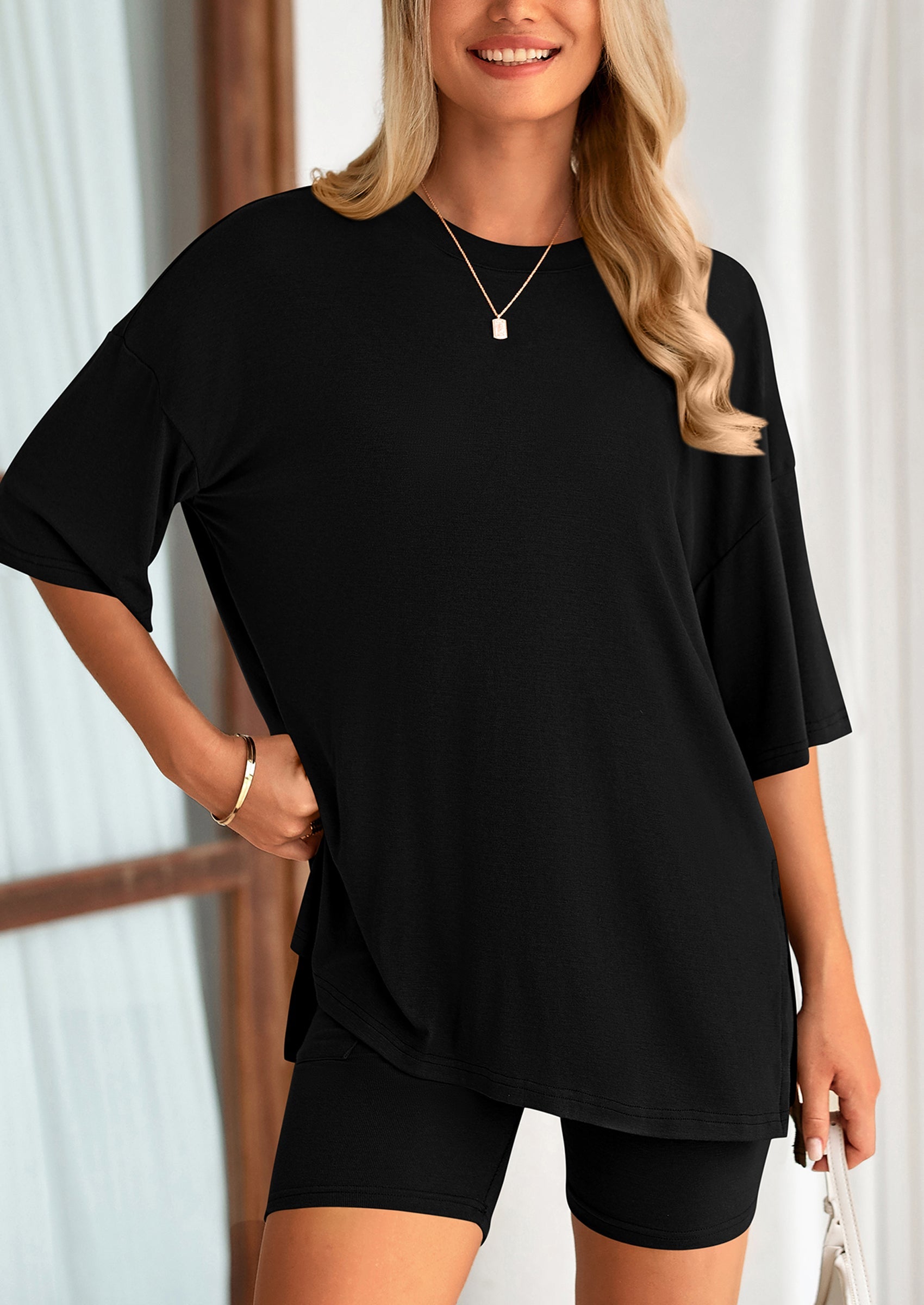 Casual Short Sleeved Round Neck Top Paired With Shorts Two Piece Set