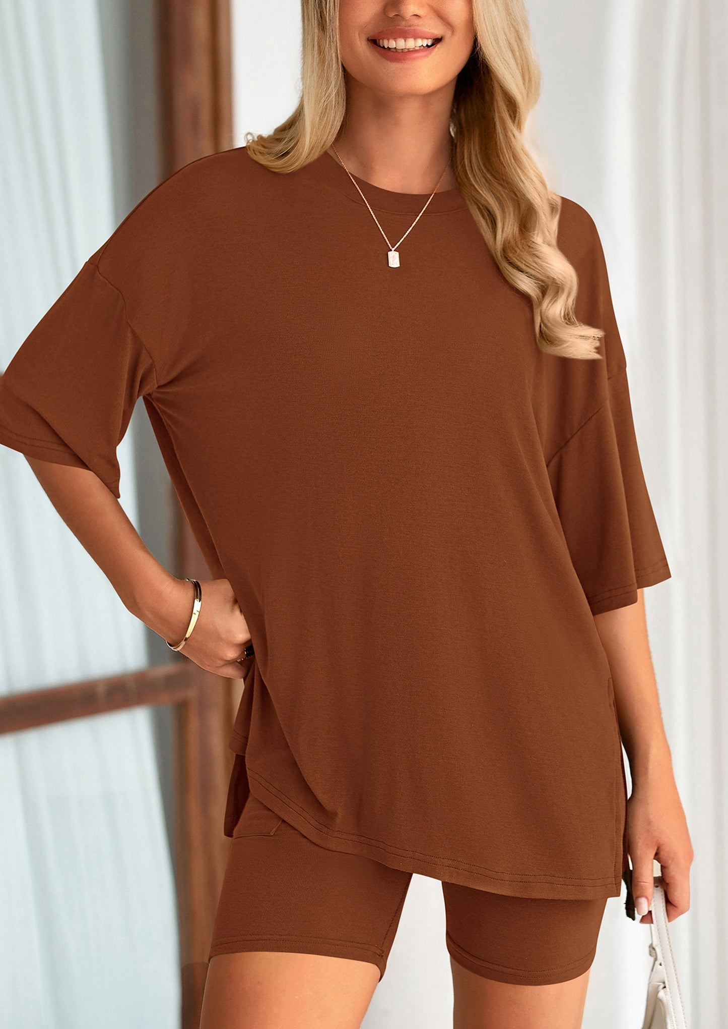 Casual Short Sleeved Round Neck Top Paired With Shorts Two Piece Set