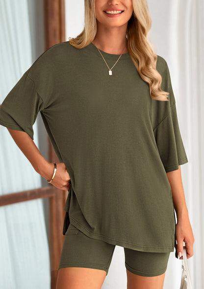 Casual Short Sleeved Round Neck Top Paired With Shorts Two Piece Set