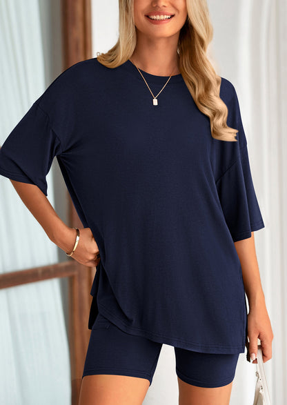 Casual Short Sleeved Round Neck Top Paired With Shorts Two Piece Set