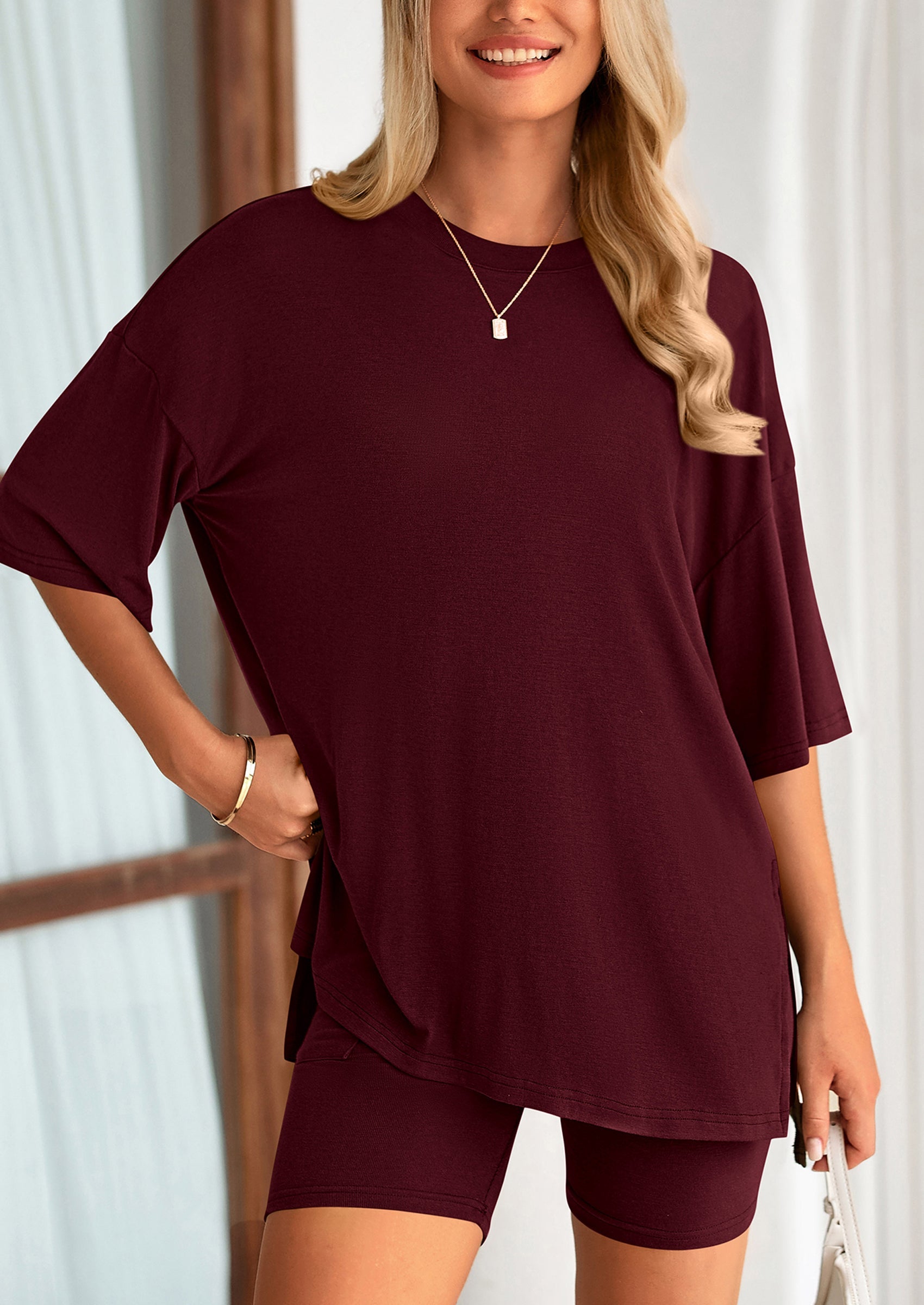 Casual Short Sleeved Round Neck Top Paired With Shorts Two Piece Set