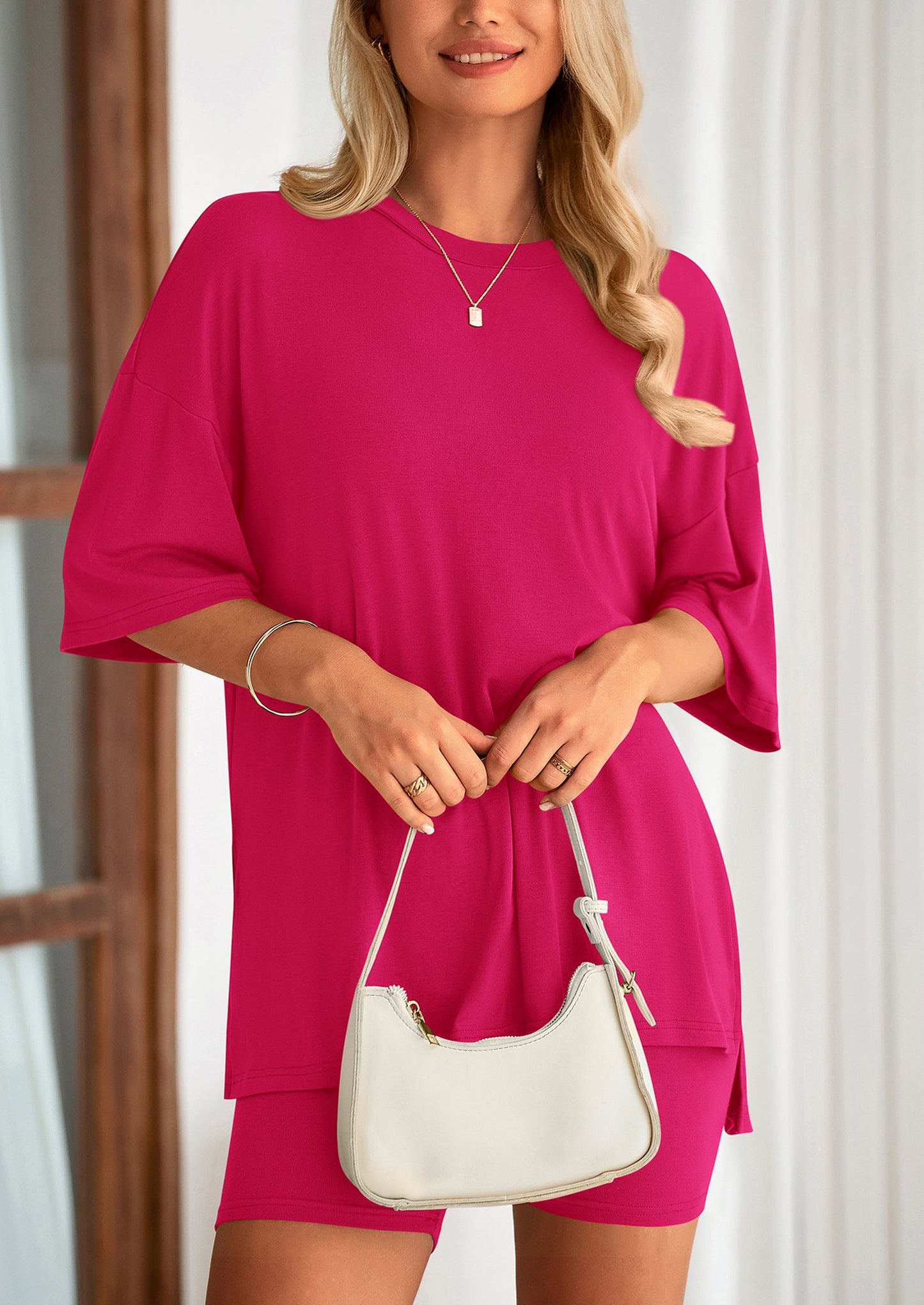Casual Short Sleeved Round Neck Top Paired With Shorts Two Piece Set