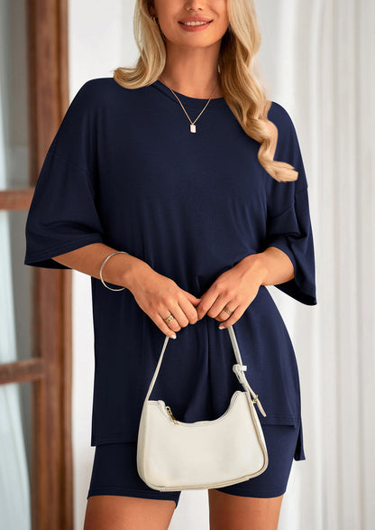 Casual Short Sleeved Round Neck Top Paired With Shorts Two Piece Set