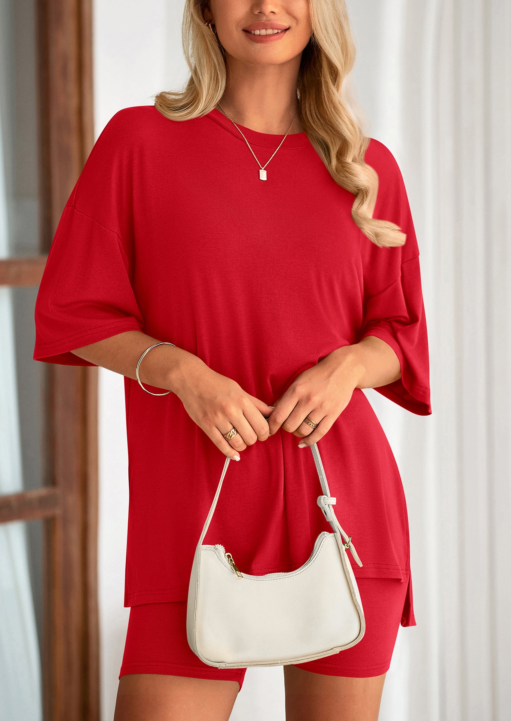 Casual Short Sleeved Round Neck Top Paired With Shorts Two Piece Set