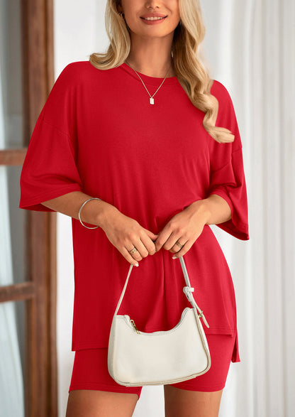 Casual Short Sleeved Round Neck Top Paired With Shorts Two Piece Set