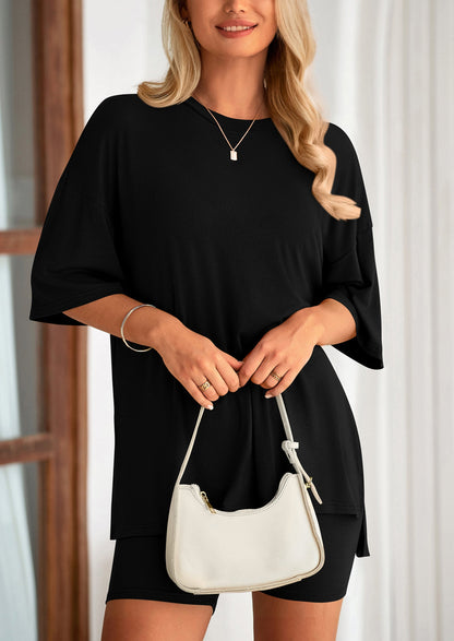 Casual Short Sleeved Round Neck Top Paired With Shorts Two Piece Set