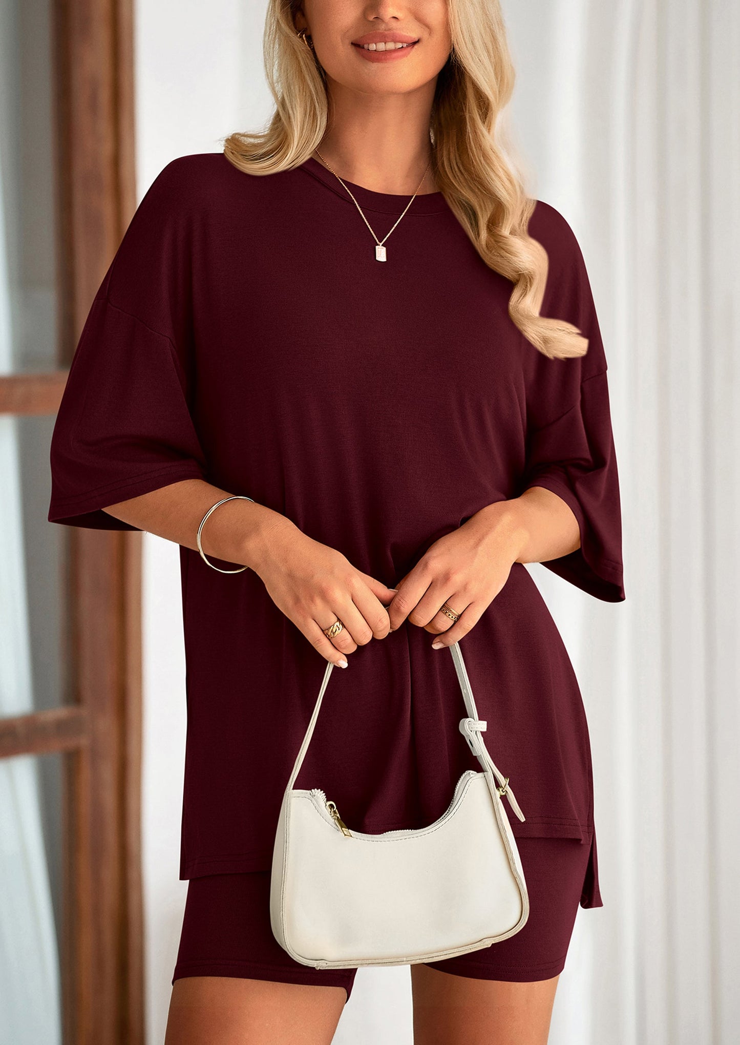 Casual Short Sleeved Round Neck Top Paired With Shorts Two Piece Set