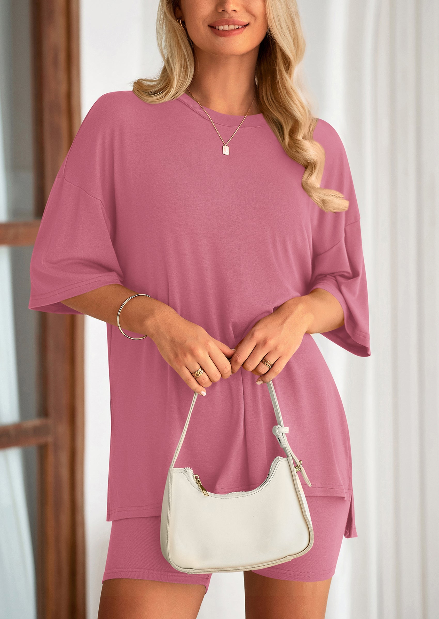 Casual Short Sleeved Round Neck Top Paired With Shorts Two Piece Set