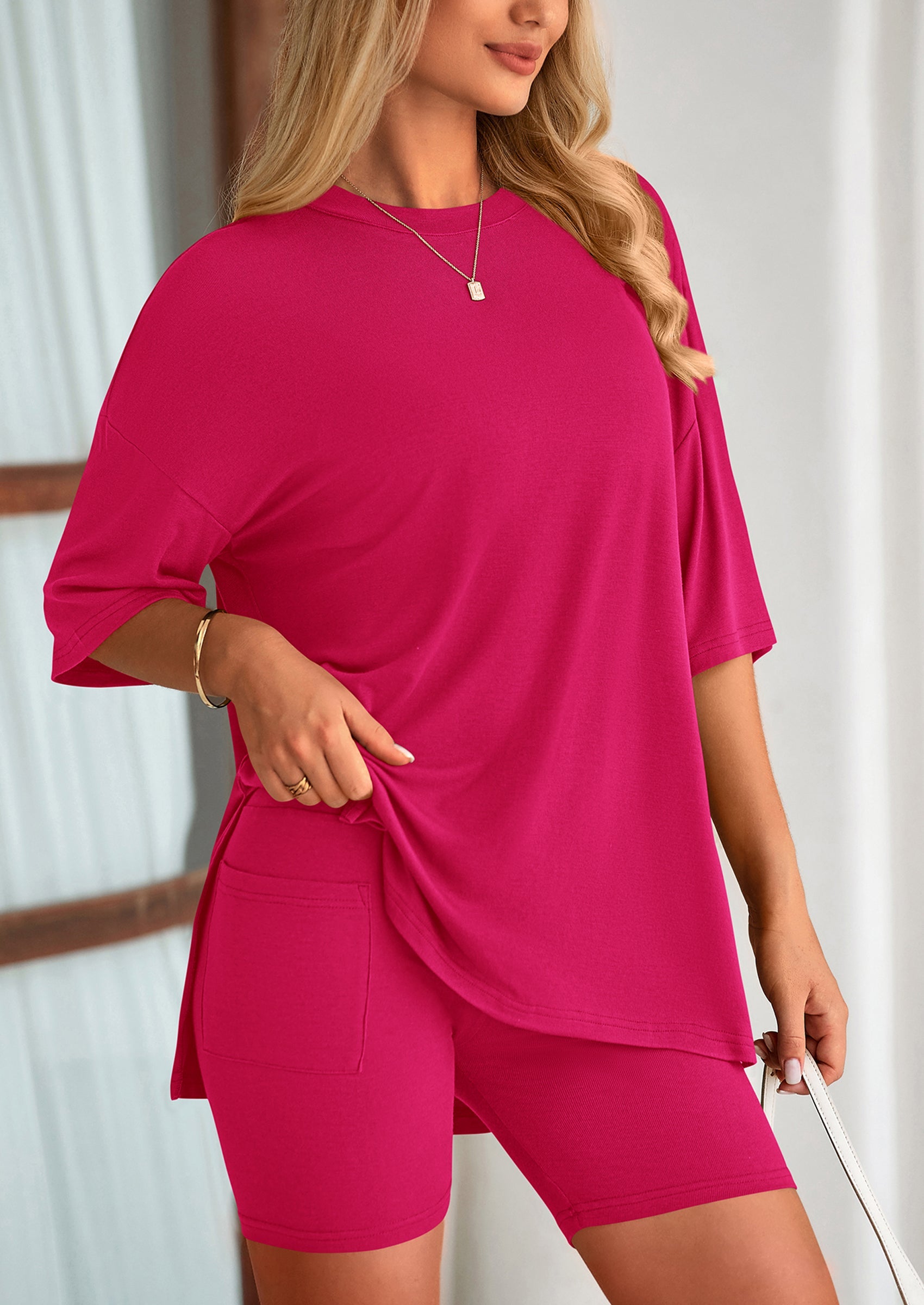 Casual Short Sleeved Round Neck Top Paired With Shorts Two Piece Set