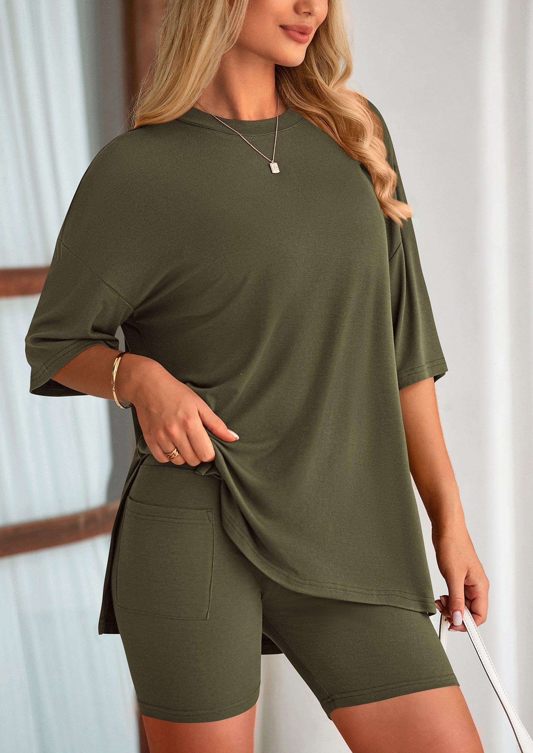 Casual Short Sleeved Round Neck Top Paired With Shorts Two Piece Set