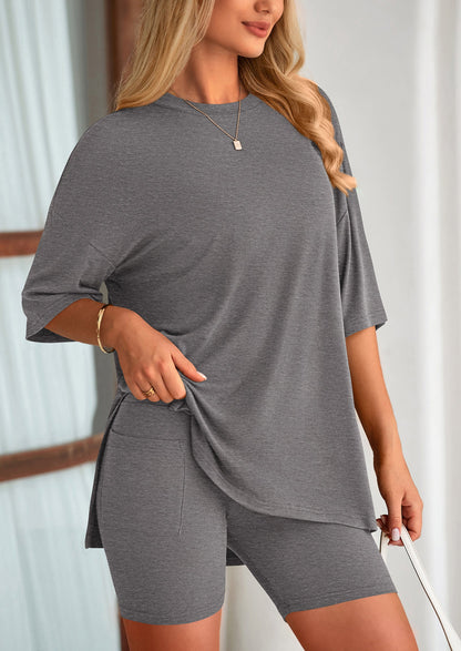 Casual Short Sleeved Round Neck Top Paired With Shorts Two Piece Set