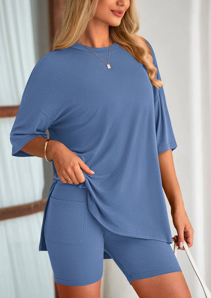 Casual Short Sleeved Round Neck Top Paired With Shorts Two Piece Set
