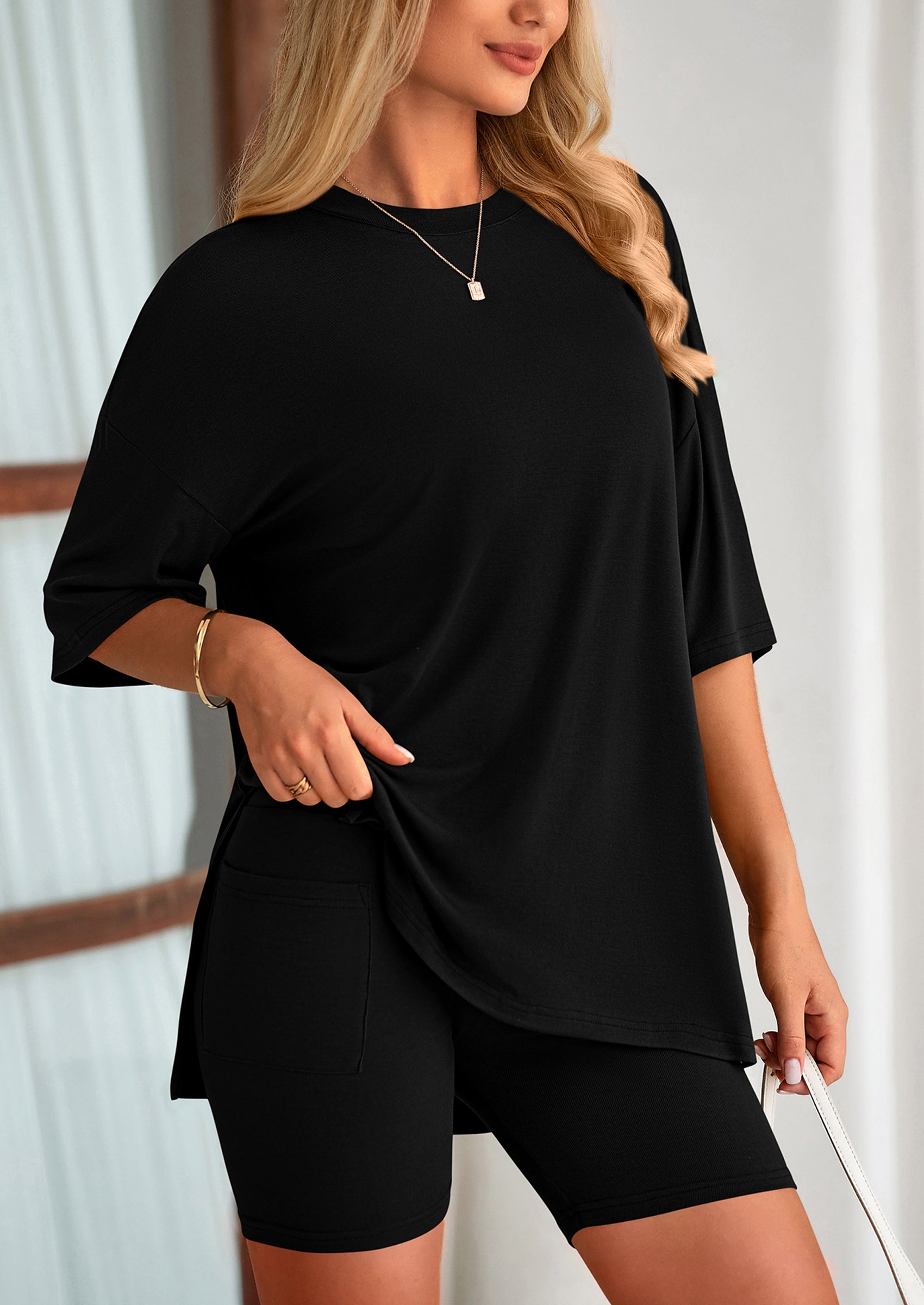 Casual Short Sleeved Round Neck Top Paired With Shorts Two Piece Set