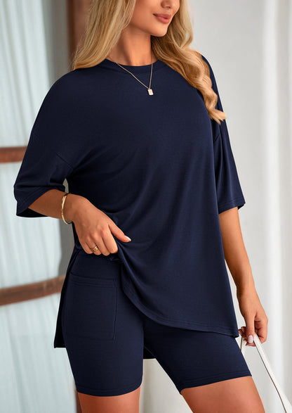 Casual Short Sleeved Round Neck Top Paired With Shorts Two Piece Set