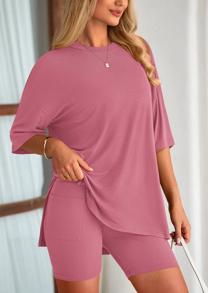 Casual Short Sleeved Round Neck Top Paired With Shorts Two Piece Set