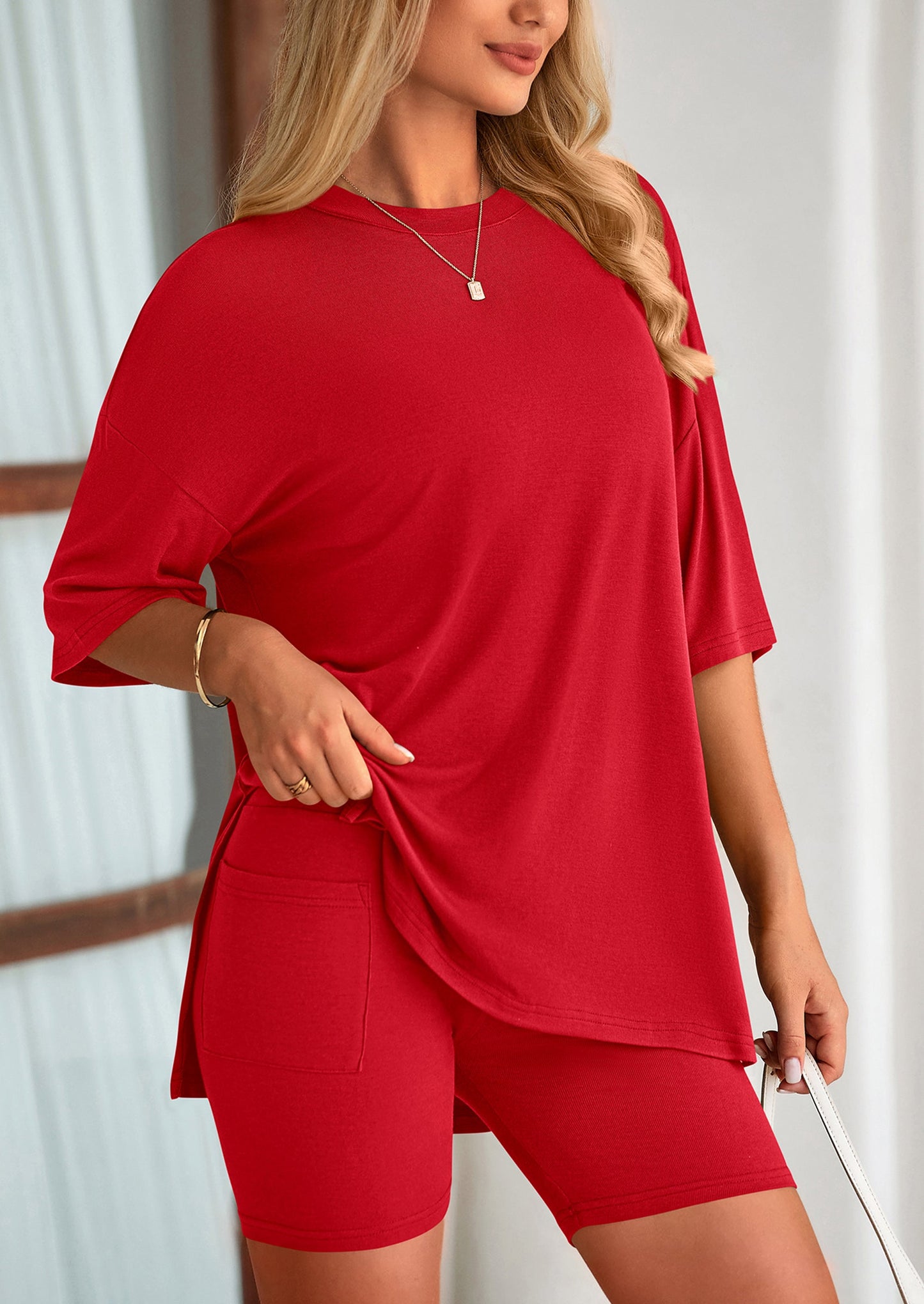 Casual Short Sleeved Round Neck Top Paired With Shorts Two Piece Set
