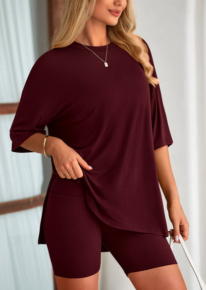 Casual Short Sleeved Round Neck Top Paired With Shorts Two Piece Set