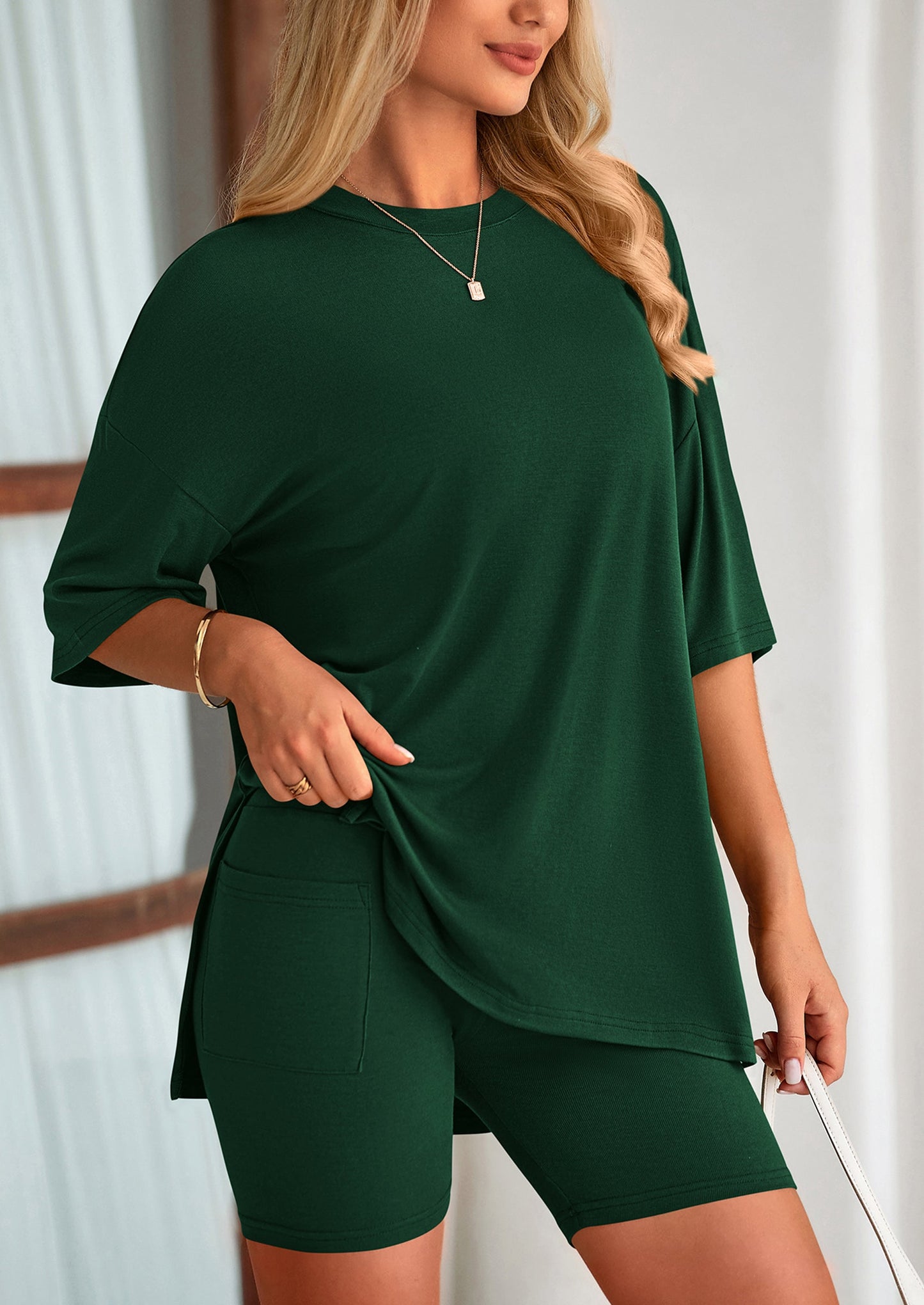 Casual Short Sleeved Round Neck Top Paired With Shorts Two Piece Set