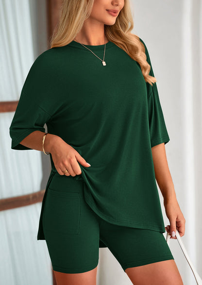 Casual Short Sleeved Round Neck Top Paired With Shorts Two Piece Set